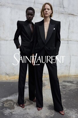 SAINT LAURENT YSL Double-Breasted Wool Satin Trim Blazer Jacket FR