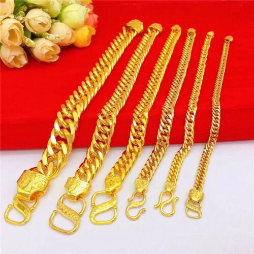 6 Types 24K Yellow Gold Plated Flat Sideway Gentle Men's Chains Bracelet  - Picture 1 of 15