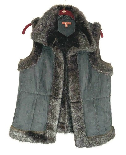V By Eva Faux Fur Trim Faux Suede Black Vest Size Medium Cute! - Picture 5 of 12