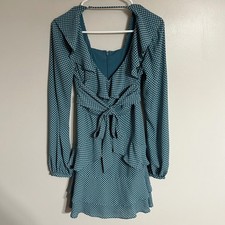 Express Women Teal Polka Dot Ruffle Mini Dress Long Sleeve Size 00 Fit Flare