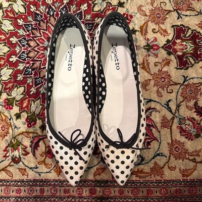 Repetto Flats Polka Dot  Pointed Toe Leather Size EU40 US9.5 Black White France