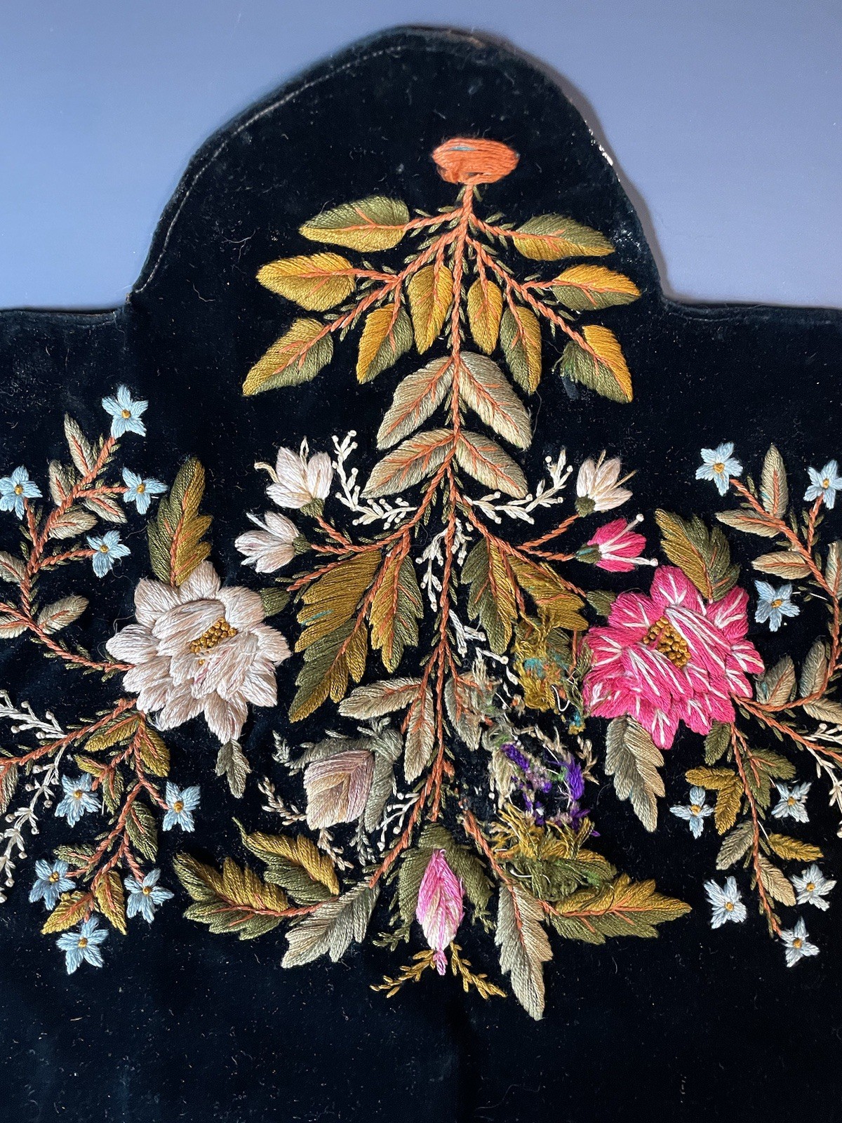Pair of Antique 19th C. Hand Stitched Embroidered Black Velvet Panels Victorian