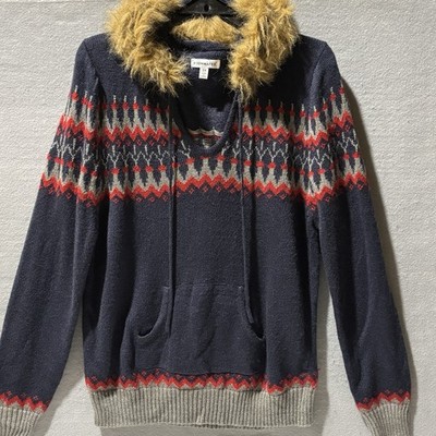 ROOMMATES Sweater Women Sz 2X Navy Fair Isle Whimsy Grunge Furry Hoodie Pullover