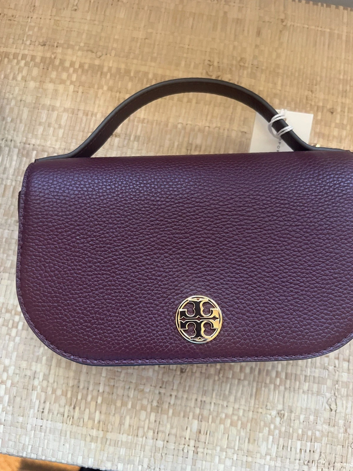 Borsa nuova con etichette TORY BURCH edizione limitata MINI manico superiore in pelle RABARBARO SCURO oro
