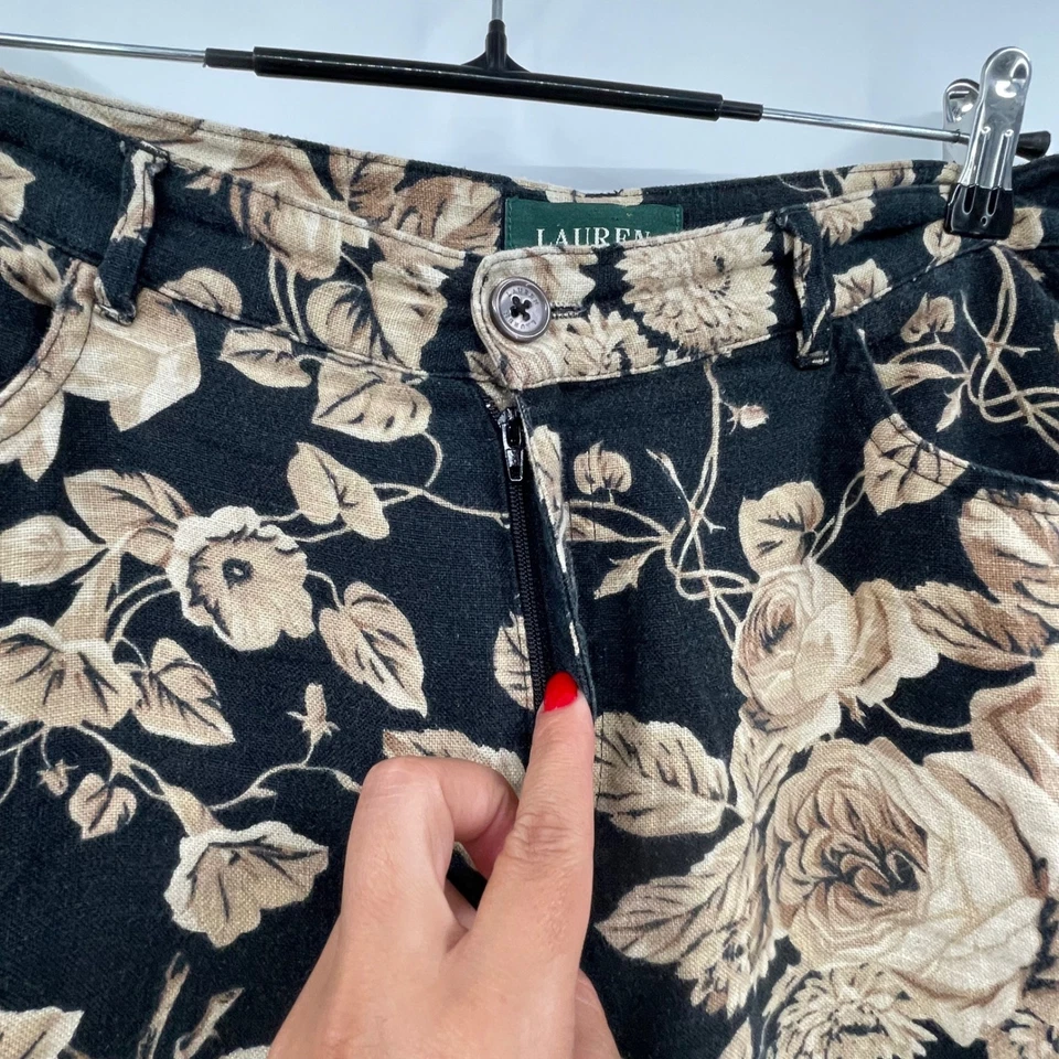 Pantalones florales de lino Lauren Ralph Lauren para mujer talla 14 negros beige Foto 3 de 4