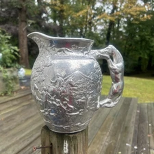 Vtg Arthur Court Large Horse Handle Fox Hunting Scene Pitcher 8” Cast Aluminum
