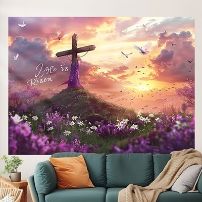 1pc Easter Polyester Wall Tapestry, ''He is Risen'' Religious Theme, Spring Flor
