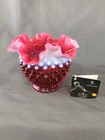 Vintage Fenton Cranberry Opalescent Hobnail Glass Rose Bowl Vase - READ!