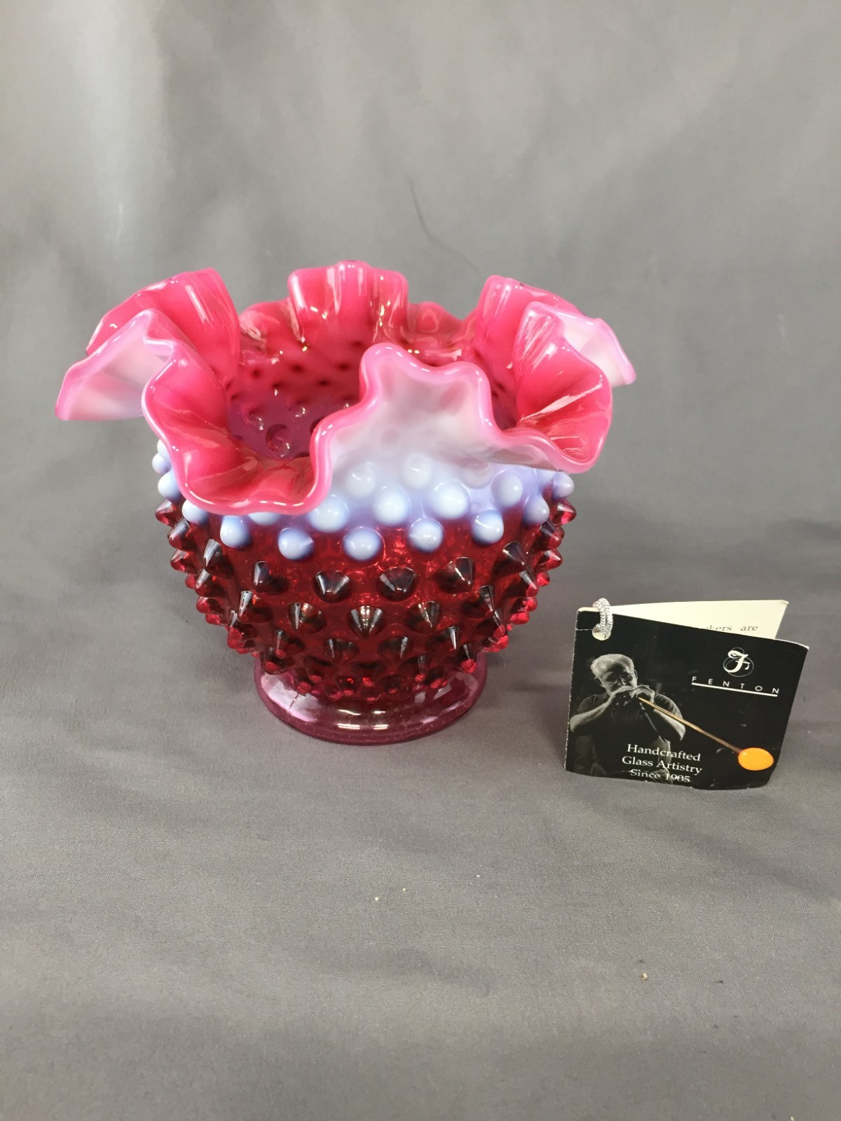 Vintage Fenton Cranberry Opalescent Hobnail Glass Rose Bowl Vase - READ!