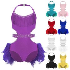 UK Girls Feather Skirted Jazz Leotards Gliter Rhinestones Halter Latin Dancewear