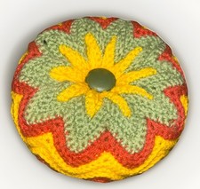 VTG Handmade Crochet Hand Pillow Round MCM 70's Green Orange Yellow Afghan