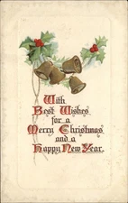Christmas gilt bells Old English font holly HALUP embossed vintage postcard