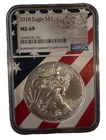 2018  $1 AMERICAN SILVER EAGLE NGC MS69 USA FLAG CORE HOLDER