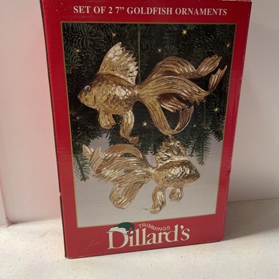 2 Dillards Gold Paper Mache Fancy Gold Fish Christmas Holiday Ornaments