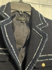 NWT Talbots Petite Navy Boucle Tweed Blazer Gold Button Fringe Jacket Womens 2P