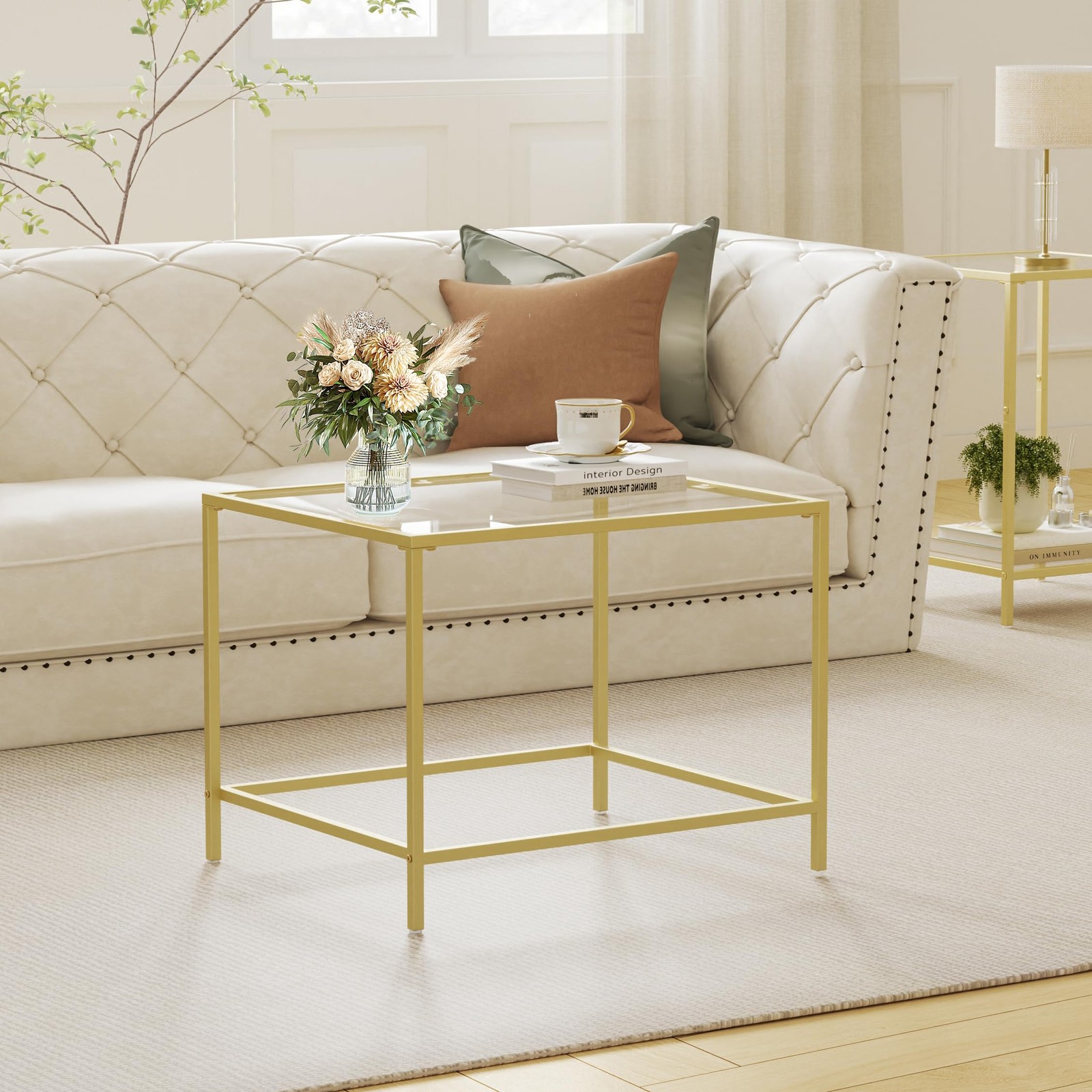 Glass Coffee Table, Modern Rectangular Coffee Table for Living Room, Minimali...