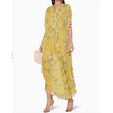 HEMANT & NANDITA Yellow Floral-Print Scalloped Maxi Dress size S