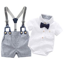 Baby Boys Gentleman Outfits Suits, Infant Shirt Shorts Bow 9-12 Months White