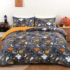 WONGS BEDDING Halloween Duvet Cover Size, 3 Pieces Bat Queen Grey Orange