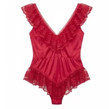Alana Gale Intimates Red Lace Ruffle Teddy Bodysuit Sz M Playsuit Coquette