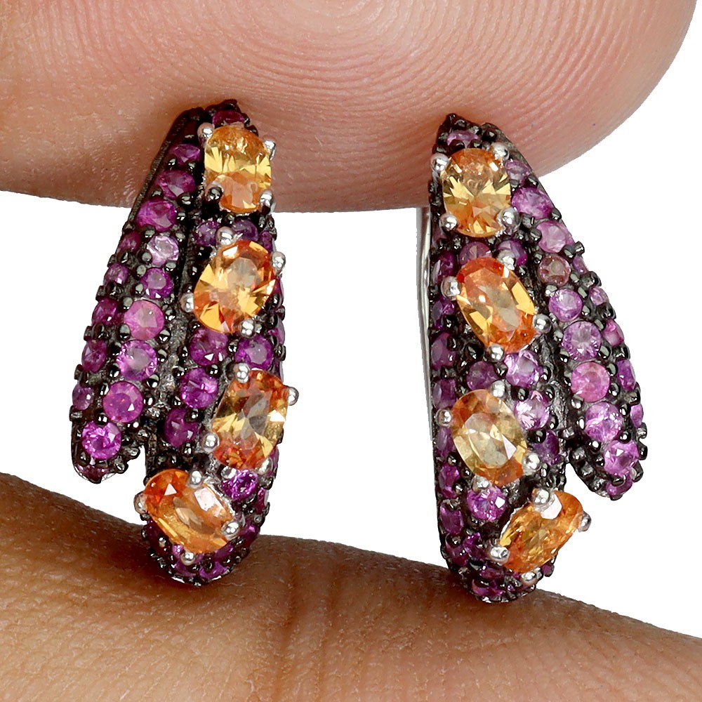 925 Sterling Silver Earrings Oval Orangs Sapphire Ruby Diamond Cut Gemstone