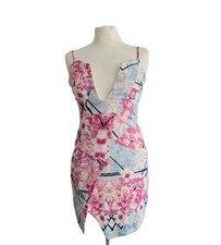 Morning Mist Pink Floral Patterned Underwired Padded Strappy Mini Dress. UK 8