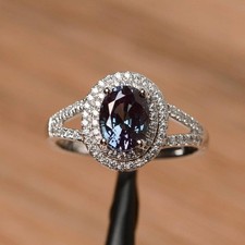 Halo lab alexandrite ring engagement ring June birthstone sterling silver ring