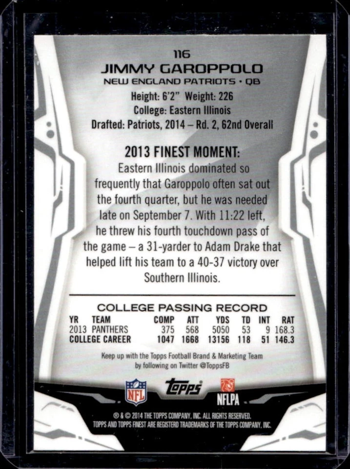 2014 Finest Jimmy Garoppolo RC Xfractors Rookie #116 Patriots - Image 2 of 2