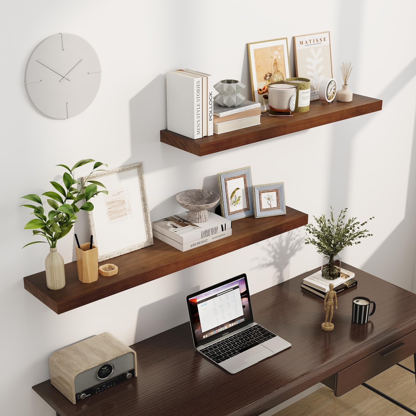 Floating Shelves, 9.3 Inch Deep Solid Pine Wood Wall Shelves for Storage, Rus...