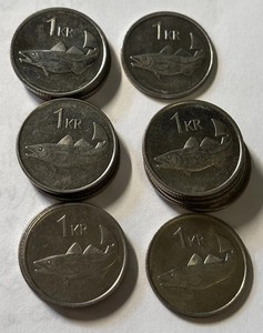 Iceland 1 Króna 15 Coin Lot 1987-1999 Copper-Nickel KM#30 EIN KRÓNA Cod Fish AU
