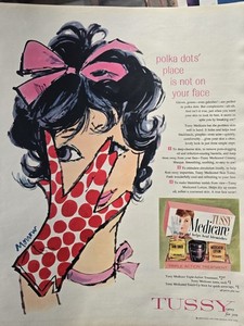 1959 Tussy Medicare Skin Lotion hides blemishes Morrow Art vintage ad