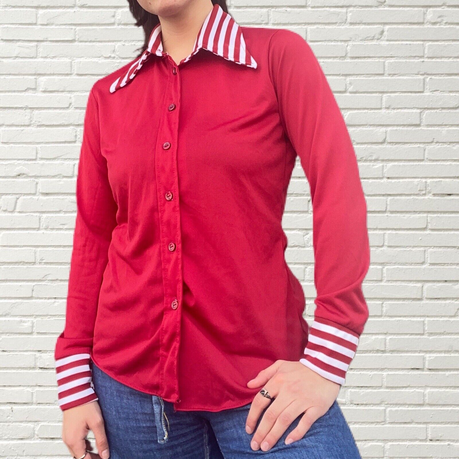 Vintage 70’s Button Up Shirt Blouse - Red Mesh, C… - image 2