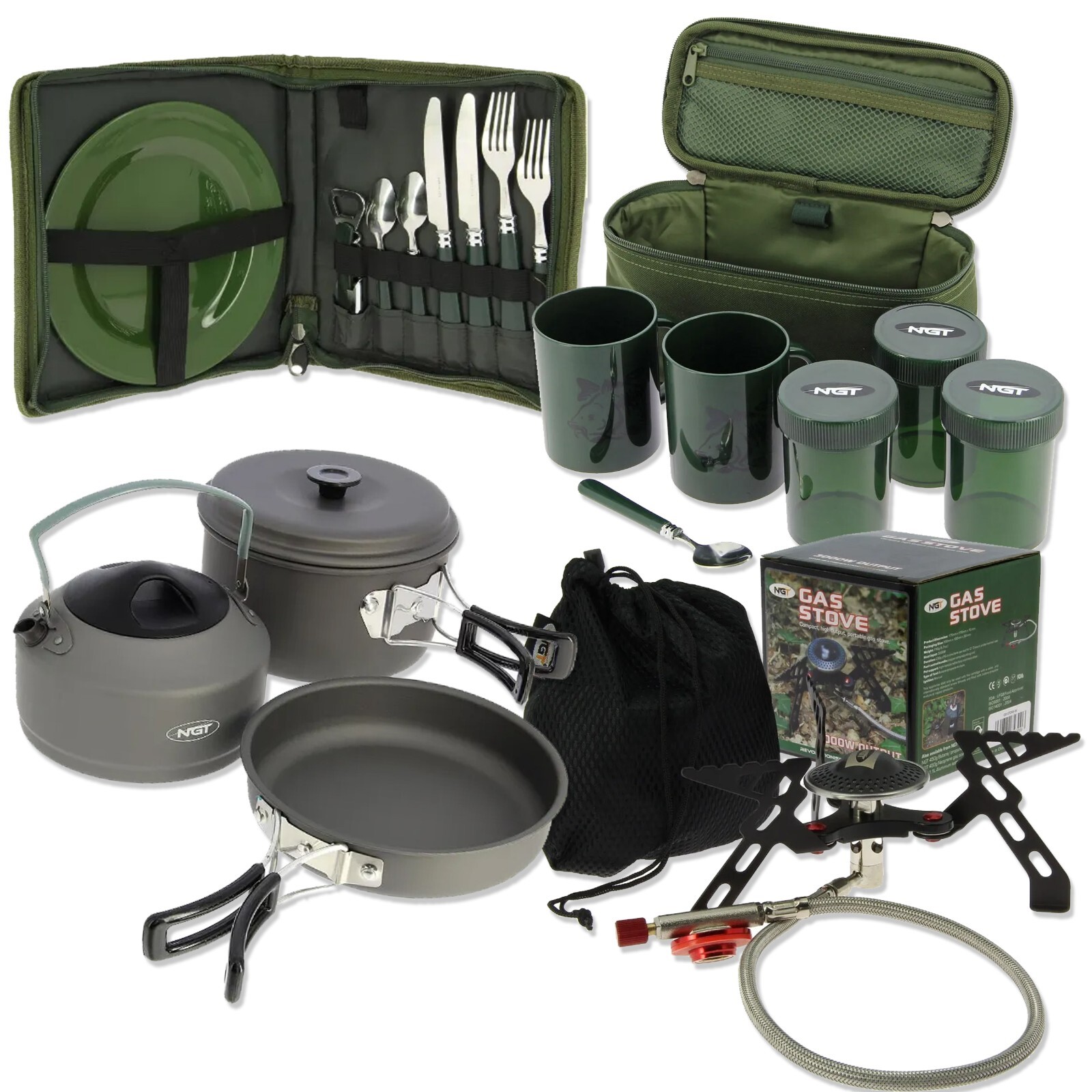 Carp fishing Cooking Set Brew Kit Mugs & Pots Pan Bag Kettle Gas Stove