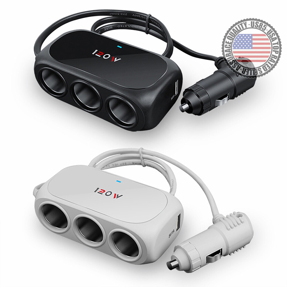 3 Way Car Cigarette Lighter Socket Splitter USB Charger Power Adapter 12V (Black)