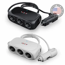 3 Socket Cigarette Lighter Splitter with 2 USB Charging Ports For Cars Trucks 