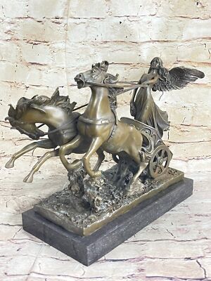 Victory Angel on Chariot with two Horses Real Bronze Sculpture Figurine Decor NR