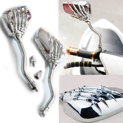 Pair Chrome Motorcycle Skull Hand Side Mirror 8MM 10MM for Kawasaki Honda Yamaha