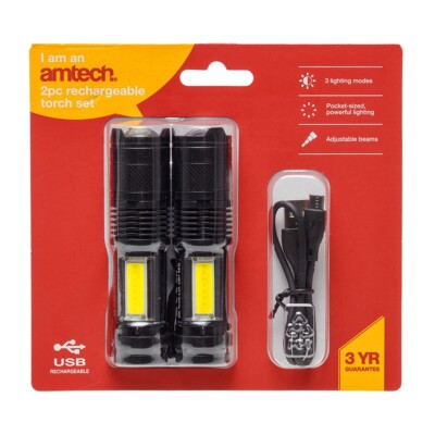 Amtech S1661 2 LED USB WIEDERAUFLADBARE TASCHENLAMPEN LEISTUNGSSTARK VERSTELLBARER STRAHL CAMPER ZUM SELBERMACHEN