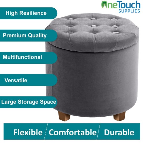 Ottoman Storage Round Velvet with Lids Pouffe Seat Stool Toy Storage Bench UK - Picture 13 of 17