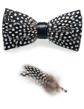 Handmade Feather Pre-tied Bow tie and Brooch Sets for Men Black/White-