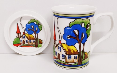 Art Deco Village 2 Mugs 2 Coasters Set Fine China 300ml Cups Lids Country Scene - Picture 5 of 13