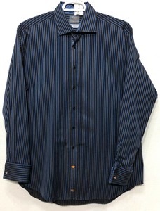 Thomas-Dean-2XL-XXL-Brown-Blue-Striped-Button-Front-Dress-Shirt-French-Cuff