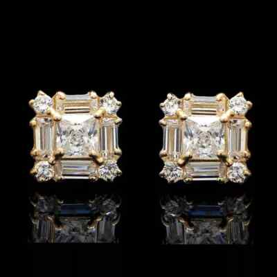 2Ct Princess Simulated Diamond Square Cluster Stud Earring14K Yellow Gold Plated