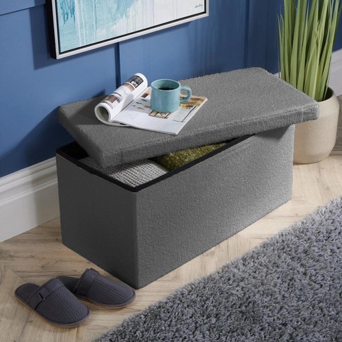 Otomano Plegable Gris Boucle Oso de Peluche Tela Cofre Almacenamiento Sólido Rectángulo Caja - Imagen 2 de 7