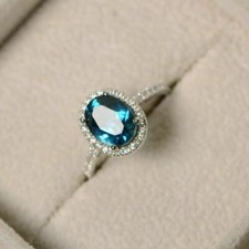 2Ct Oval Lab-Created London Blue Topaz Halo Ring 14K White Gold Plated
