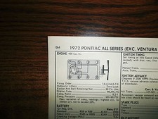 1972 Pontiac Models 200-250 HP 400 CI V8 4BBL SUN Tune Up Chart Great Shape!