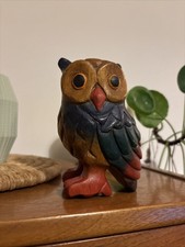 Vintage hand-carved & hand-painted wooden owl figurine folk art ornament 