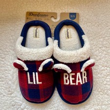 Dearfoams Kids Lil Bear Buffalo Plaid Slippers Red Navy Blue Faux Fur Size 2/3