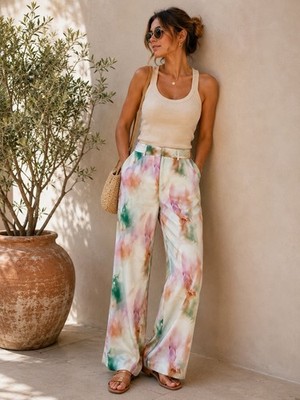 NWT Micas Watercolor Print Straight Leg Pants Women s Medium Pastel Dressy