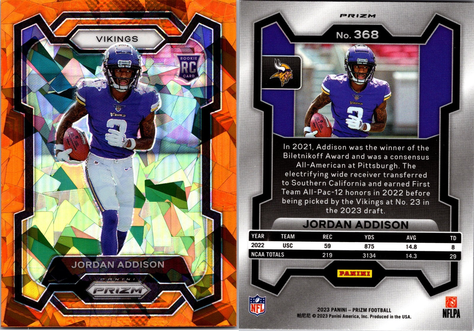 2023 Panini Prizm - Rookies Jordan Addison #368 Orange Ice Prizm (RC) 5404